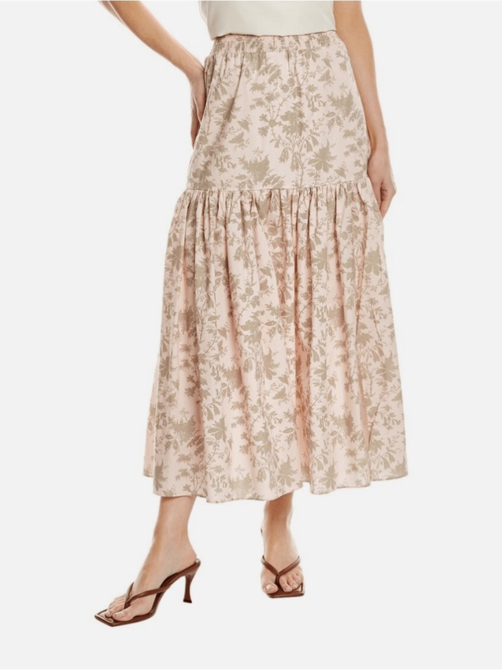 Elie Tahari Blush and Sage Floral Tiered Maxi Skirt Drop Waist with‎ Slit